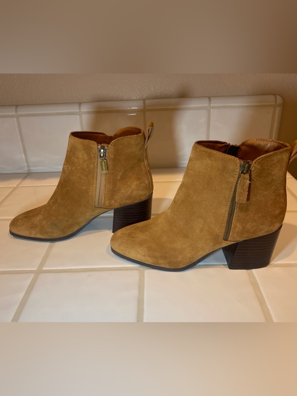 Blondo Tan Suede Ankle Booties with Block Heel